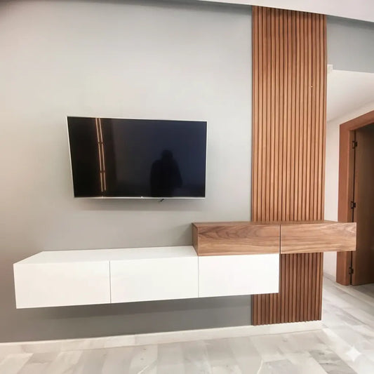 Ensemble Meuble TV bardage : Bois MDF & Design Suspendu CAROUBIA