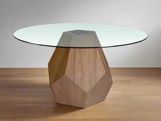 Table basse géométrique verre & bois plaqué noyer