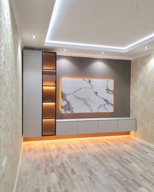 Ensemble Habillage Mural Deluxe – شيبورد  Panneau TV Effet Marbre, Bardage en Chipboard et Meuble TV Suspendu avec Éclairage LED Intégré CAROUBIA