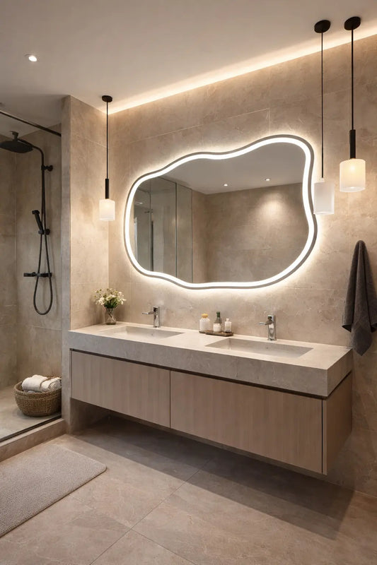 Miroir de Salle de Bain LED Asymétrique Anti-Buée Électrique | Miroir Ondine | CAROUBIA CAROUBIA
