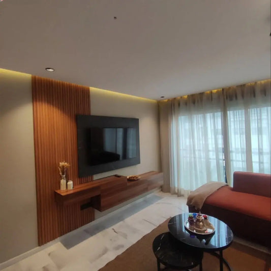 Ensemble Meuble TV Bardage Bois MDF – Design Moderne et Habillage Mural Luxueux CAROUBIA